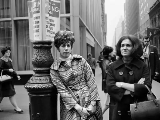 Donne in strada, stile anni '60, un'istantanea che ricorda Stephen Shore.