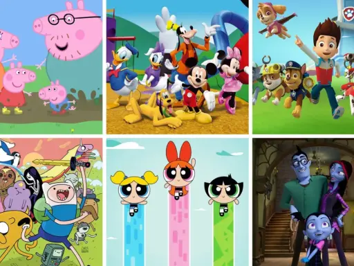 Collage de series animadas antiguas: Peppa Pig, Mickey y amigos, Paw Patrol, Hora de Aventura, Las Chicas Superpoderosas y Vampirina.