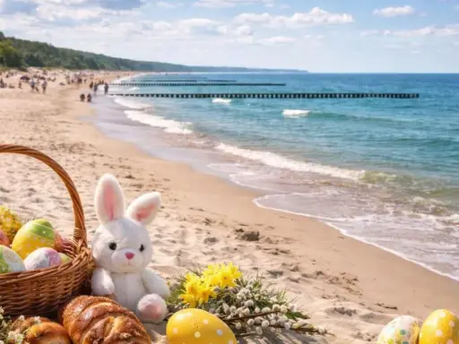 Koszyk z pisankami i zajączek na plaży. Idealne miejsce, gdzie spędzić święta wielkanocne w Polsce, nad Bałtykiem.
