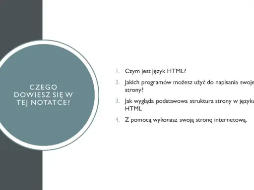 Grafika z tekstem "Czego dowiesz się w tej notatce?" i lista pytań o HTML.