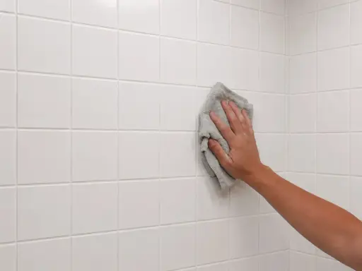 Mano limpiando azulejos blancos recién colocados con un paño gris.