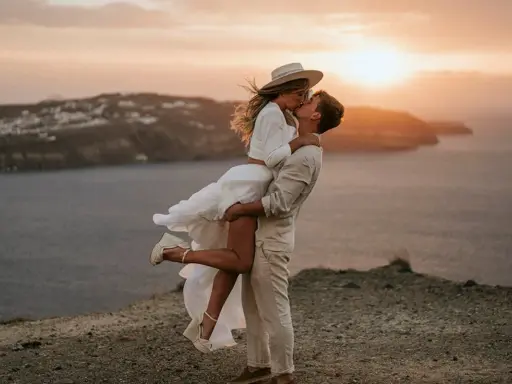 Pareja besándose al atardecer, ella en brazos de él, con un aire de bodas ibicencas.