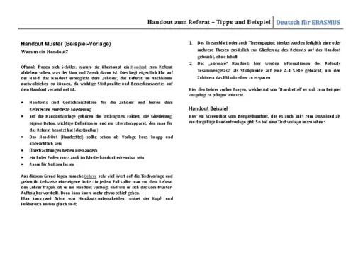 Ein Handout Beispiel zeigt, wie ein Musterhandout aussehen kann. Es dient als Gedächtnisstütze für Zuhörer und Referenten.