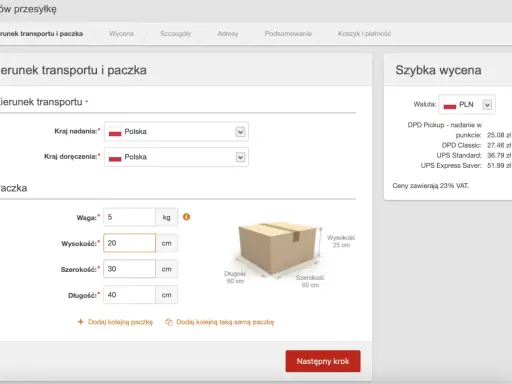 Formularz zamówienia przesyłki: kierunek transportu Polska-Polska, paczka o wadze 5 kg, wymiarach 20x30x40 cm. Szybka wycena pokazuje ceny usług kurierskich, np. DPD Pickup za 25.08 zł.