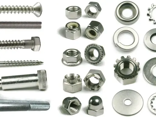 Un surtido de tornillos, tuercas y arandelas metálicas. Un juego tornillos y tuercas para cualquier proyecto.