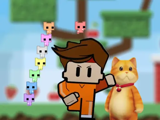 Kolorowe pikselowe stworki i rudy kot towarzyszą postaci z gry, która przypomina gry podobne do Overcooked.