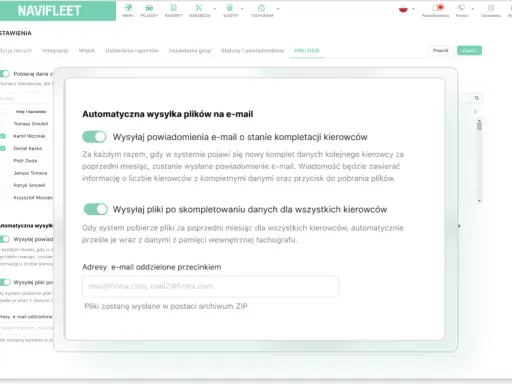 Ustawienia automatycznej wysyłki plików na e-mail. Status karty kierowcy jest widoczny w panelu.