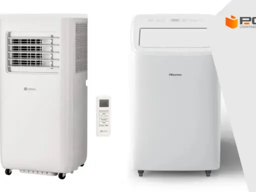 Dos aires acondicionados portátiles blancos, uno de la marca "ORIGINAL" con rejilla frontal y otro "Hisense", junto a un mando a distancia.