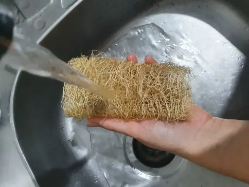 Ein Luffa Schwamm wird unter fließendem Wasser in der Spüle gereinigt.