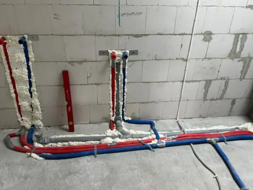 Fragment instalacji sanitarnej w domu jednorodzinnym: czerwone i niebieskie rury wodne, szare rury kanalizacyjne, piana montażowa.