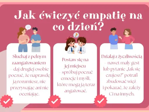 Jak ćwiczyć empatię na co dzień? Słuchaj, postaw się na miejscu drugiej osoby, działaj z życzliwością. To przykłady, co to jest empatia.