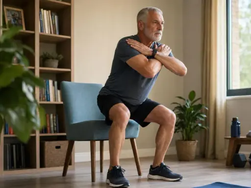 Uomo anziano fa squat su sedia, allenandosi per evitare perdere massa muscolare cause.