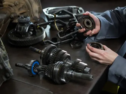 Mechanik analizuje części skrzyni biegów, szukając przyczyny, dla której sprzęgło skrzypi przy puszczaniu.