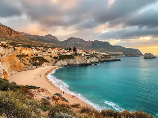 Traumhafte Bucht auf Sardinien im Oktober. Das Wetter ist mild, die Sonne bricht durch die Wolken und taucht die Küste in warmes Licht. Ein perfekter Tag für einen Spaziergang am Strand.