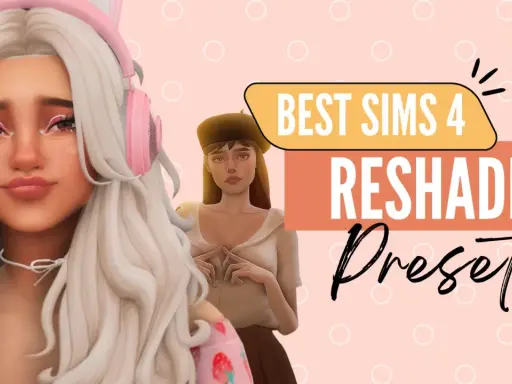 Dziewczyna z różowymi słuchawkami i białą peruką, obok niej druga Simka. Napis "BEST SIMS 4 RESHADE Presets" sugeruje ulepszenia graficzne.