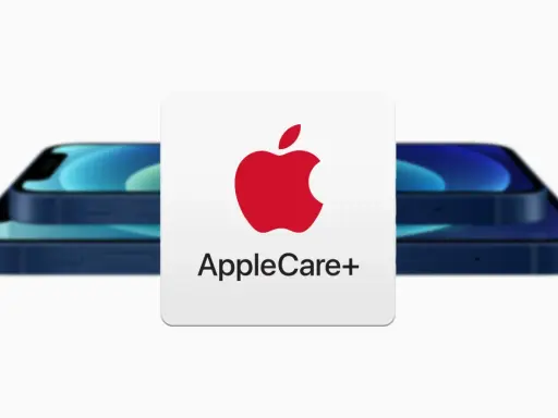 Logo Apple z napisem AppleCare+ na tle iPhone'ów. Zapewnij sobie spokój ducha z AppleCare+.