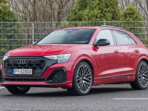 Czerwony Audi RS Q8 z czarnymi felgami stoi na parkingu.