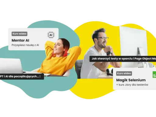 Kobieta z laptopem i kurs "Mentor AI", mężczyzna przy komputerze z kursem "Magik Selenium" - nauka tworzenia testów, w tym **automation qa**.