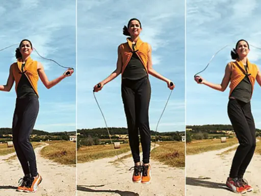 Frau seilspringt im Freien. Ein tolles Training für die bauchmuskeln und die Ausdauer.