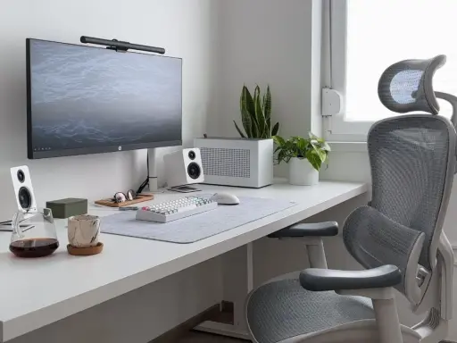 Installation poste de travail épurée avec écran, clavier, souris, enceintes blanches, plantes et chaise ergonomique grise.