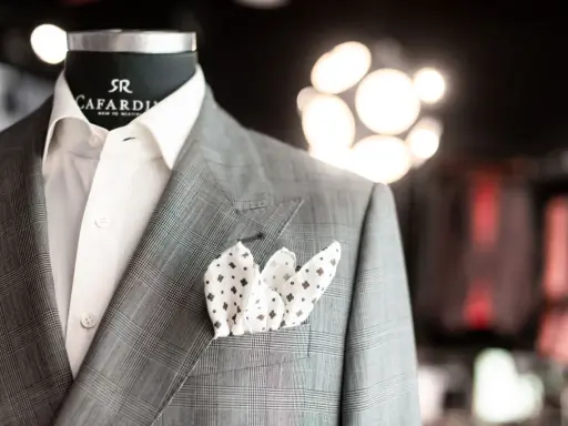 Elegancka brustasza w kratę, biała koszula i wzorzysta poszetka. Idealny zestaw dla stylowego mężczyzny.
