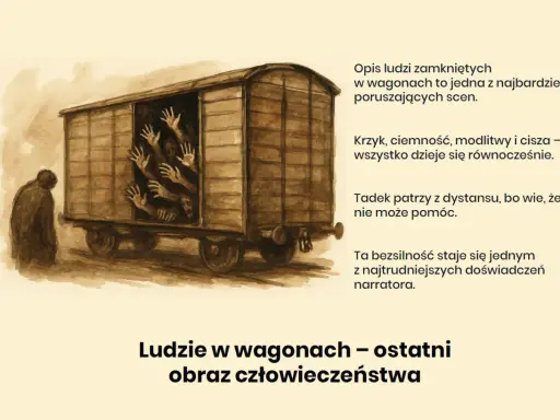 Ludzie w wagonie, błagające ręce. Tadek patrzy, wie, że nie może pomóc. "Proszę państwa do gazu" – krzyki, modlitwy, cisza.