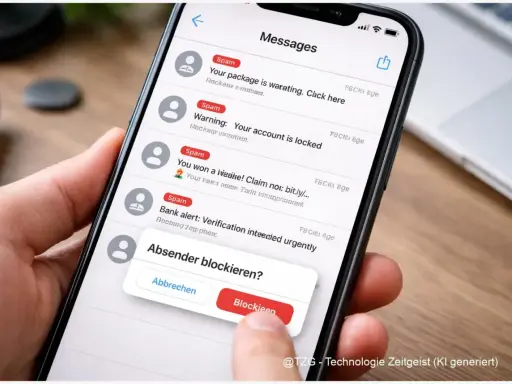 Hand blockiert unerwünschte SMS. Die Nachricht "Absender blockieren?" wird auf dem Smartphone angezeigt.