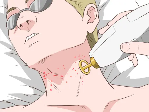 Persona con gafas protectoras recibe tratamiento láser para el acné en el cuello.