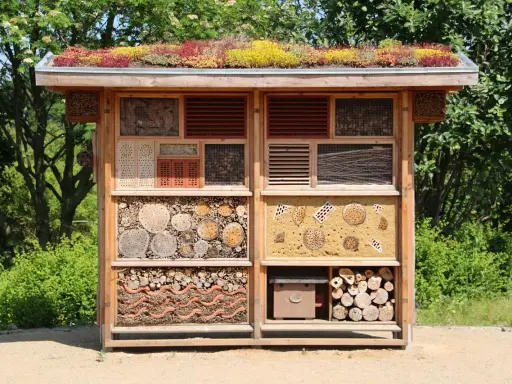 Ein liebevoll gestaltetes **Insektenhotel DIY** mit begrüntem Dach, gefüllt mit Holz, Tannenzapfen und Lehm. Ein Paradies für nützliche Insekten.