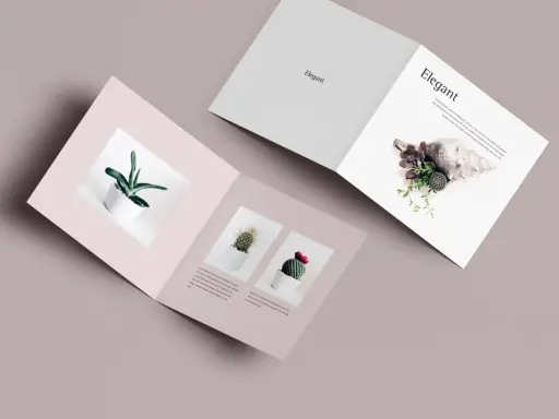 Díptico mockup con plantas en macetas blancas y una concha marina. Diseño elegante y minimalista.