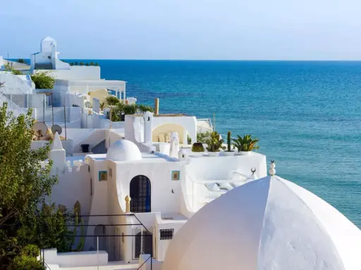 Casas blancas con cúpulas y el mar azul en Túnez. Un lugar perfecto para disfrutar con niños.