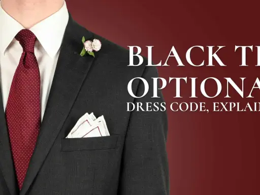 A man in a dark suit, white shirt, and red polka-dot tie, with a boutonnière and pocket square. Text reads "BLACK TIE OPTIONAL".