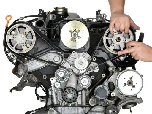 Mechanik pokazuje, jak prawidłowo zamontować pasek rozrządu w silniku samochodowym.