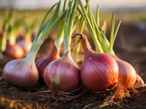 Gros plans sur des oignons de Florence rouges et blancs, leurs racines encore dans la terre. Les tiges vertes se dressent fièrement.