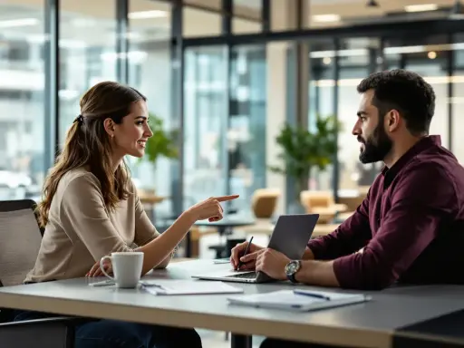 Une femme explique un point à un homme, son **custom success manager**, devant un ordinateur portable dans un bureau moderne.