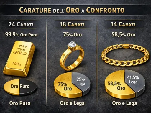 Confronto carature oro: 24 carati (oro puro), 18 carati (75% oro), 14 carati (58,5% oro).