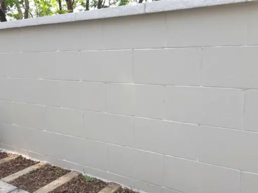 Mur extérieur en béton cellulaire peint en blanc, avec une bordure en pierre grise au sommet. Des plantes poussent à la base.