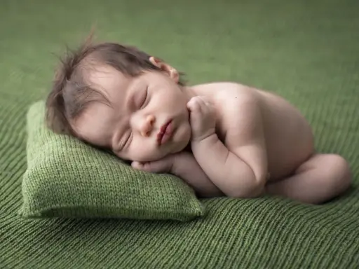 Dolce neonato scatti nel sonno, appoggiato su un cuscino verde. La sua manina è vicino al viso, in un sonno profondo e sereno.