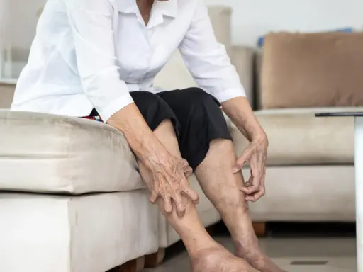 Gambe anziani con pelle secca e macchie, che indicano il passare del tempo e la necessità di cure.