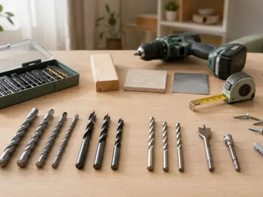 Variedad de tipos de brocas para pared y madera, junto a taladro, cinta métrica y gafas de seguridad.