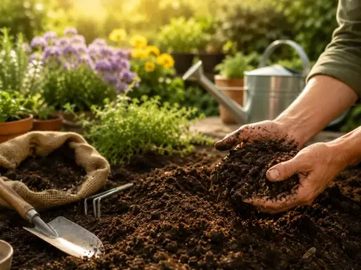 Manos sostienen tierra fértil, lista para sembrar en la tierra de huertos. Herramientas de jardinería y flores en el fondo.