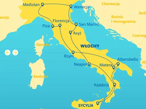 Mapa turystyczna Włoch z zaznaczoną trasą przez Mediolan, Florencję, Rzym, Neapol, Materę, Alberobello i Kalabrię.