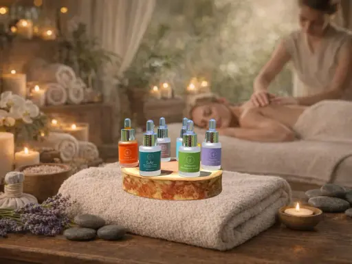 Set di oli essenziali corpo in un'atmosfera rilassante da spa, con candele e massaggio in sottofondo.
