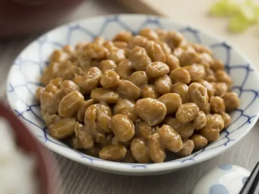 Nattokinaza na co pomaga? Miseczka sfermentowanej soi, czyli natto, z charakterystyczną nitkowatą konsystencją.