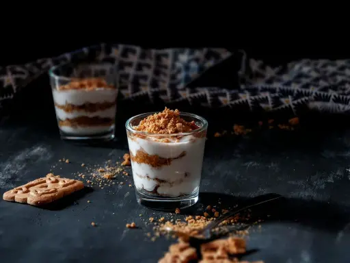 Deux verrines de tiramisu speculoos, garnies de miettes croustillantes. Un biscuit speculoos repose à côté.