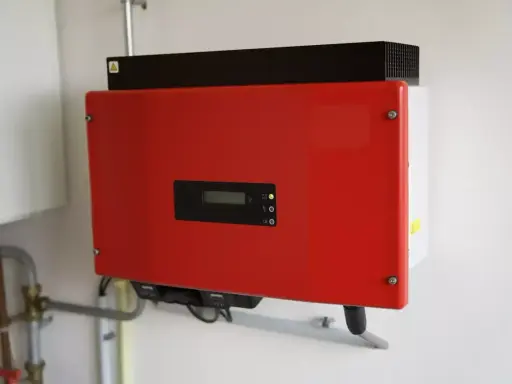 Röd kostal växelriktare monterad på en vit vägg. Enheten har en liten display och indikatorlampor.