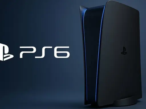 Logo PS6 i czarna konsola z niebieskim podświetleniem. Premiera PS6 już wkrótce!