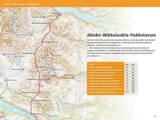 Karta över Kungsleden, sträckan Abisko-Nikkaluokta-Vakkotavare. Visar fjällstugor, nationalparker och vandringsleder.