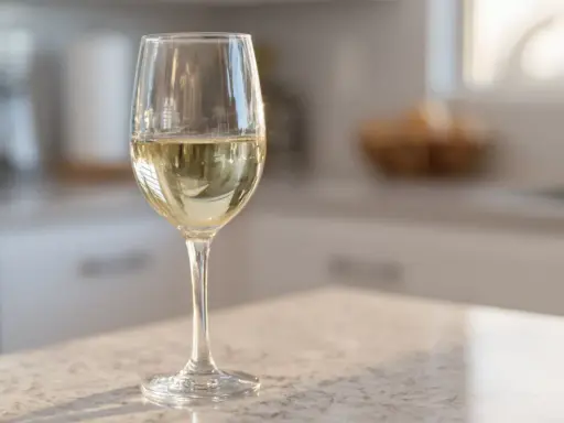 Ett glas med torrt vin står på en bänkskiva i ett kök.