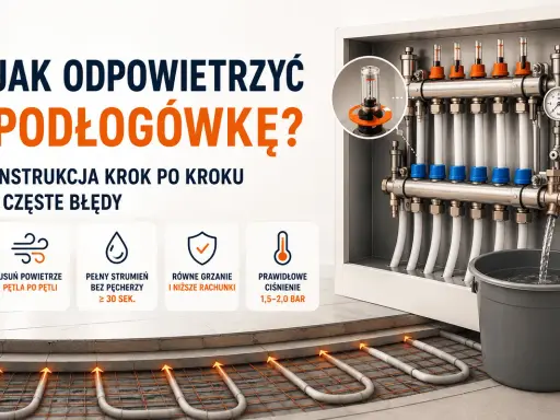 Instrukcja odpowietrzania podłogówki: usuwanie powietrza, pełny strumień wody i prawidłowe ciśnienie dla równego grzania.
